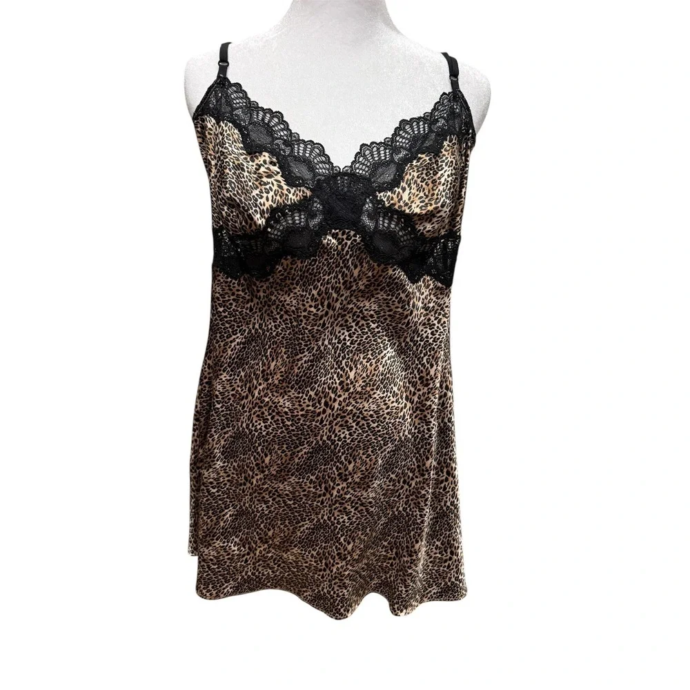 Victoria Secret Leopard Print Set Slip‎ Dress & Wrap Around Lace Satin Robe M/L